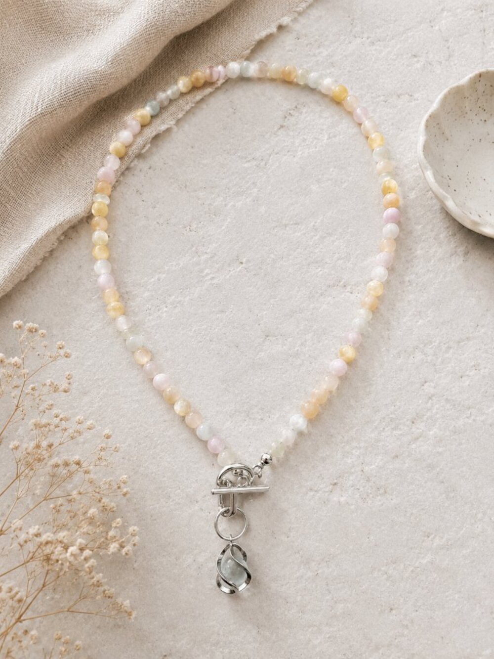 Soft Pink Blue Yellow and Cream Necklace with Removable  Drop Pendant